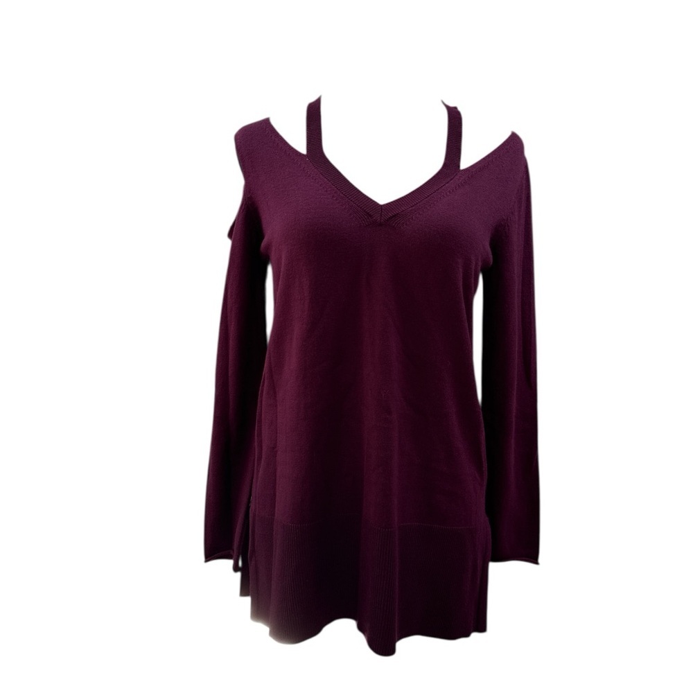 NWT Love Scarlett Cherry Wine Cold Shoulder V-Neck‎ Sweater Small Burgundy Slit